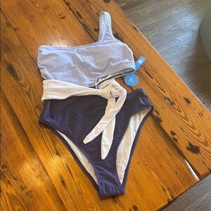 Two-Tone One-Shoulder Monokini with Waist Tie